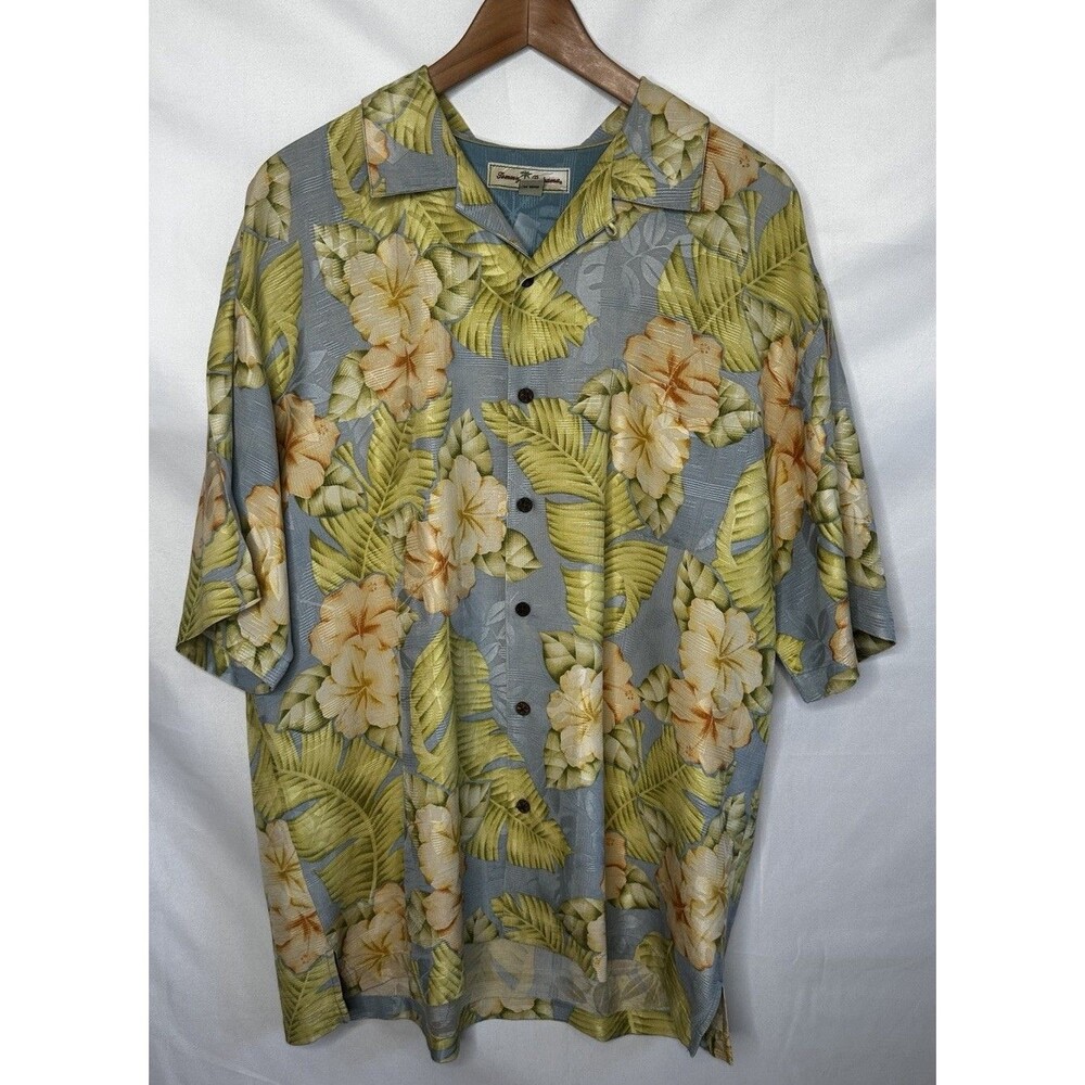 Vintage Tommy Bahama Men's Size Large Silk Palm Hawaiian Flower Camp Shirt Aloha